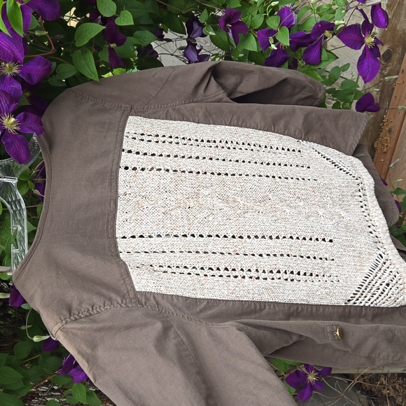 DEMOCRACY EUC Army Green jacket w Beige crochet back panel SZ. 2X - Picture 8 of 11